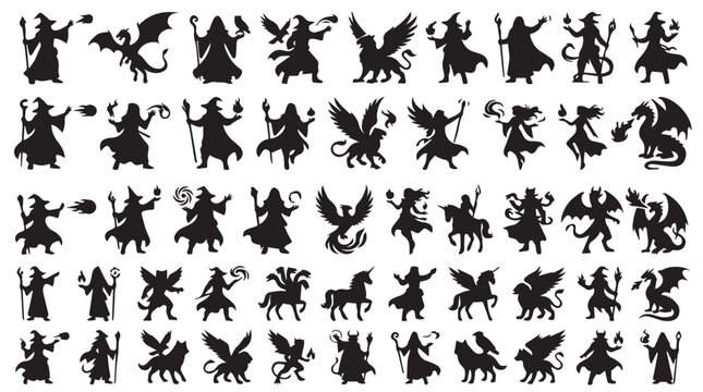 Fantasy silhouette collection of 50 mythical creatures and wizards, black magic character vector set, medieval dragon and sorcerer icons