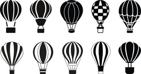 Naklejka premium Hot Air Balloon with Basket Line and Silhouette Icons set . Fly Hotair Balloon for Sky Journey Outline and Solid Symbol elements. Flight for Travel Pictogram. Isolated on transparent