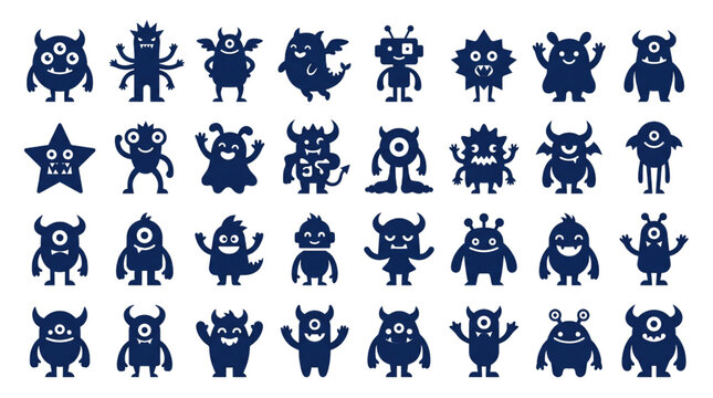 Collection of Playful Cute Monster Characters Vector Silhouette Set with Bizarre Fantasy Creature Designs