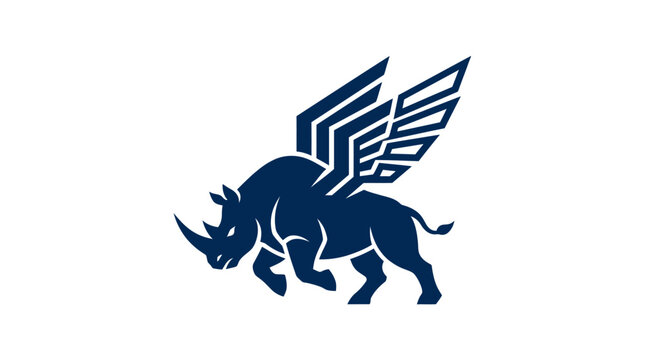 Dark blue winged rhinoceros charging forward mascot logo.