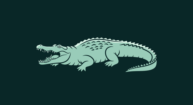 Detailed green crocodile illustration on a dark background.