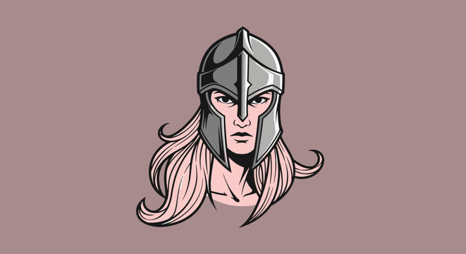 Female warrior valkyrie head in metallic helmet illustration.