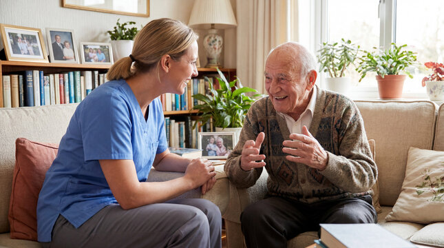 Caregiver providing home care, talking with a happy senior man enjoying conversation and companionship