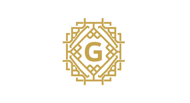 Gold letter G monogram inside ornate geometric frame.
