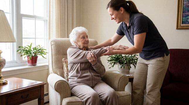 Caregiver assisting senior woman with arm exercises at home, supporting rehabilitation and physical therapy for elderly health