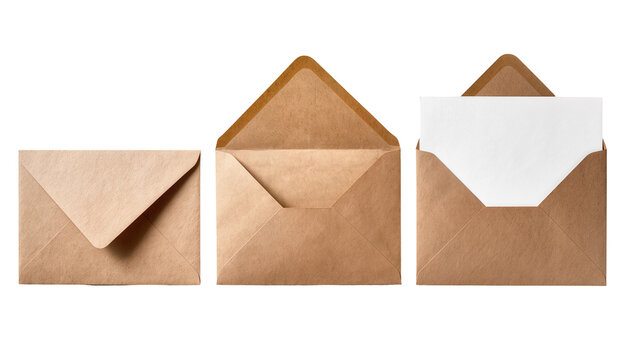 Three Kraft Paper Envelopes, One Open with White Paper Insert