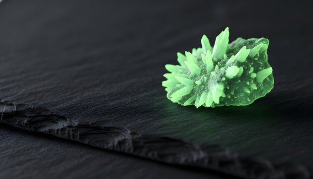 Glowing green uranium ore mineral specimen under uv light resting on a dark slate stone background, perfect for nuclear power energy and radioactive science concept