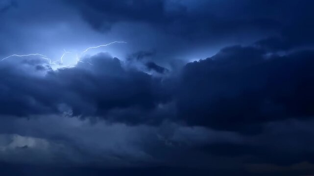 Dramatic lightning strikes illuminating dark storm clouds. Capturing the power and intensity of nature's fury during a thunderstorm
