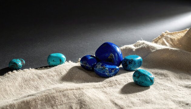 Vibrant polished lapis lazuli and turquoise gemstones arranged on textured fabric with subtle shadows