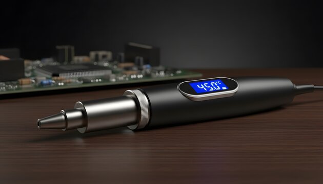Modern electric vacuum desoldering gun with a digital temperature display on a wooden workbench for microelectronics repair concept