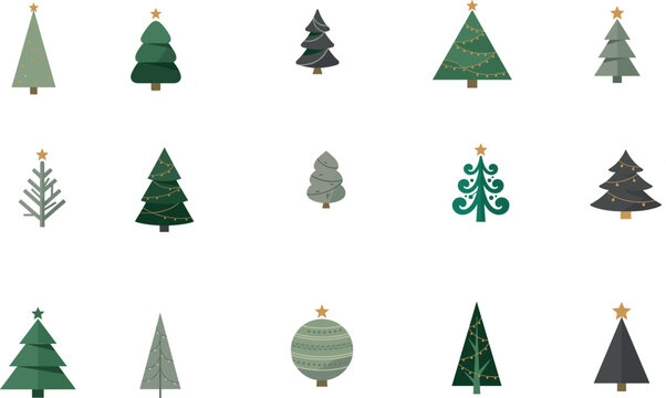 Minimalist Christmas Tree Vector Icon Set Featuring Whimsical Scandinavian Style Pine Trees Garlands and Baubles for Winter Holiday and New Year Designs