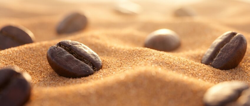 coffee beans partially buried in fine desert sand with warm sunrise highlights, surreal minimal luxury concept