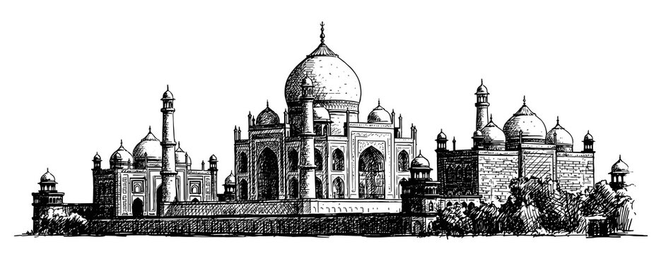 Vintage black and white sketch vector of the Taj Mahal skyline and surrounding architectural monuments in Agra.