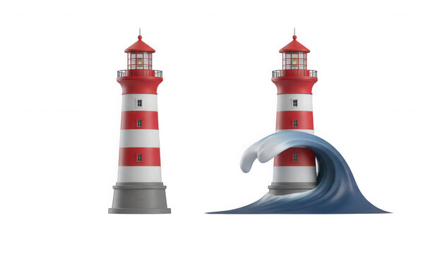 Red and White Striped Lighthouses with Ocean Waves