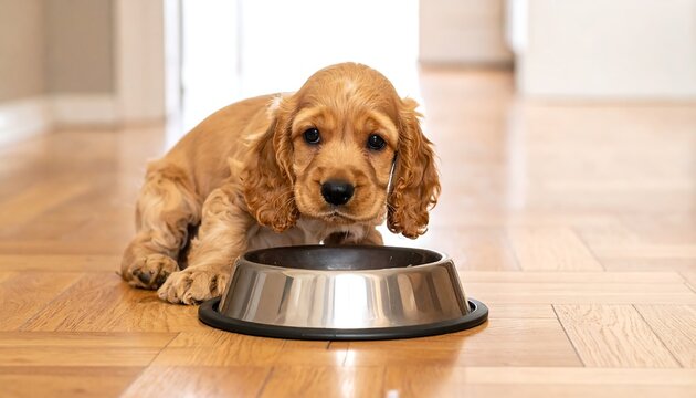 A cocker spaniel puppy lying on a wooden floor with its head in a metal bowl