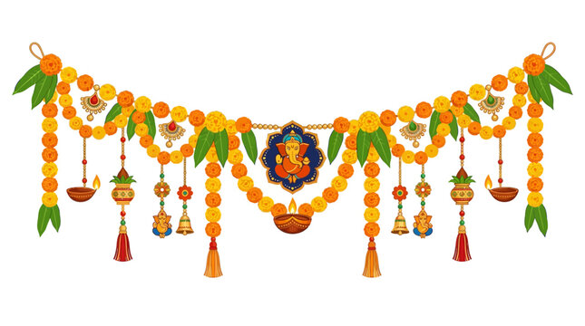 Vibrant Traditional Indian Toran with Marigold Flowers, Mango Leaves, and Ganesha Idol for Festive Celebrations and Auspicious Occasions