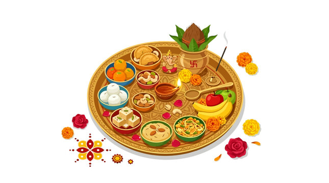 A traditional Indian festive thali, adorned with sweets, fruits, and auspicious items, celebrating cultural traditions and religious devotion