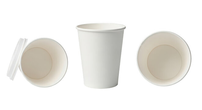 Two white plastic cups stacked and empty on table