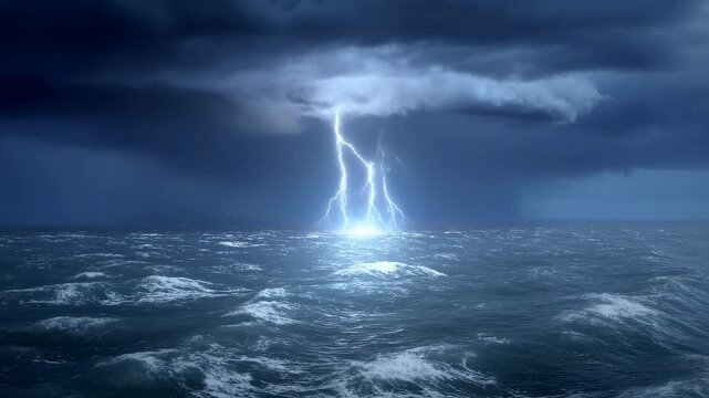 Dramatic lightning striking the ocean during a stormy night. A powerful display of nature's force and unpredictability