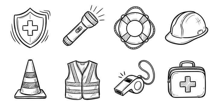 Workplace safety sketch icon collection in black. Set of medical shield, flashlight, lifebuoy, hard hat, traffic cone, safety vest, whistle and first aid kit icons in doodle style