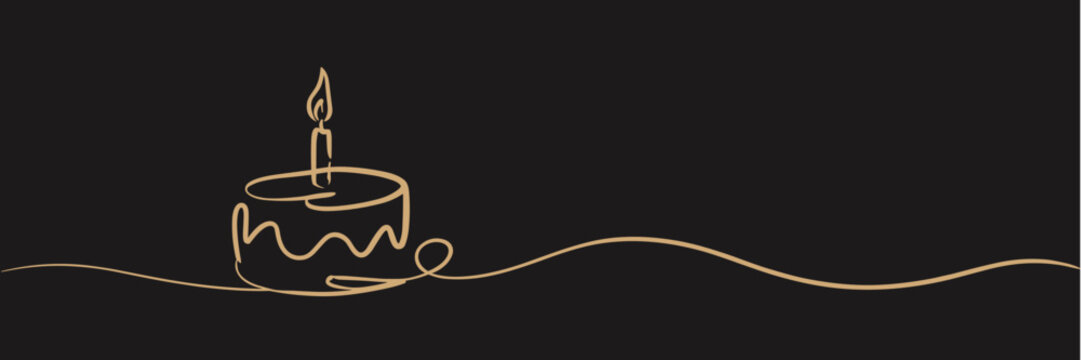 Minimalist Birthday Cake One Line Art on Black Background, Luxury Continuous Line Banner with Candle for Corporate Greeting Card and Website Header
