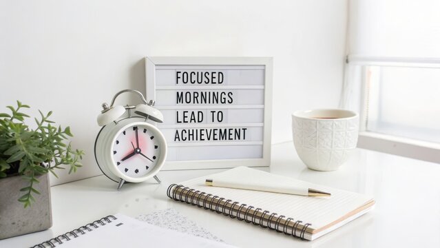 Workspace with motivational quote, alarm clock, and coffee