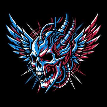 Mechanical skull with wings and circuitry details