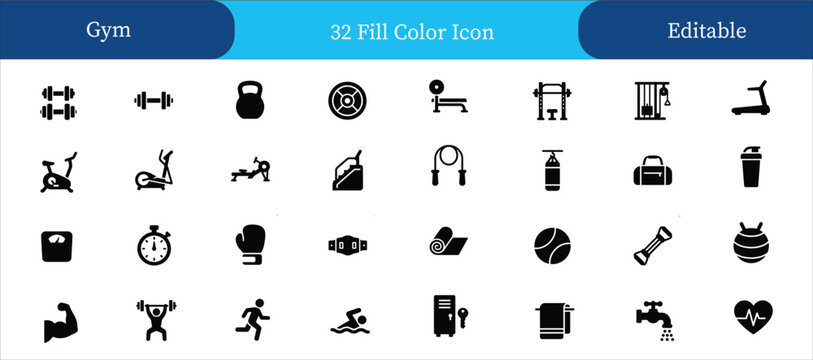 32 fill color icon set for gym and fitness design. Editable icon set. Containing Dumbbells, Barbell, Kettlebell, Weight Plate, Bench Press, Squat Rack, Cable Machine, Treadmill, Exercise Bike