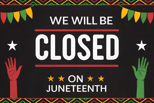Closed for Juneteenth Holiday Business Closure Announcement Banner, We Will Be Closed for Juneteenth Freedom Day Celebration Notice, Juneteenth Closure Sign Background for Store Office and Business Ho