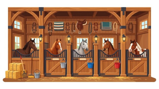 Cartoon Horse Stable Interior with Five Horses in Stalls