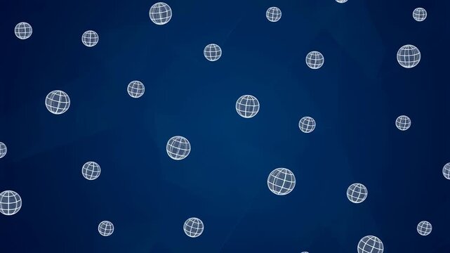 Abstract animation of floating wireframe globes on a deep blue background. Represents global connectivity and digital networking in modern technology