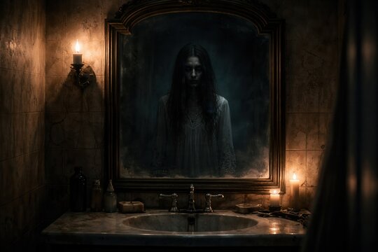 Creepy ghost woman in dark mirror with candlelight haunted bathroom horror night atmosphere scene