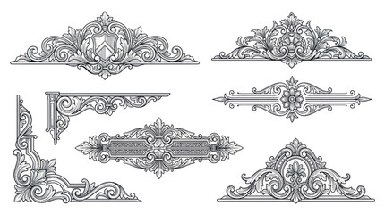 Ornate Vintage Decorative Ornaments: Corner, Divider, Crest - Black and White Vector © turi