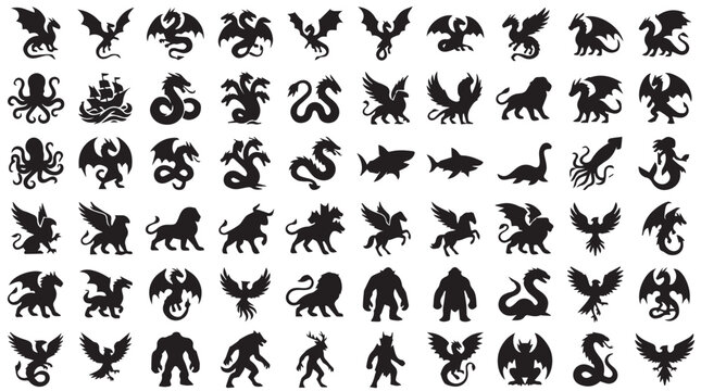 Mythical creatures silhouette set, 60 fantasy monster vector icons, black legendary beast collection for gaming and heraldry