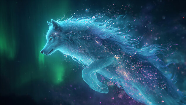 Blue Wolf Underwater in the Ocean at Night