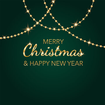 Green and gold luxury Merry Christmas glowing Sparkling light background. Festive sparkling illustration for cards, invitations, banners, advertising