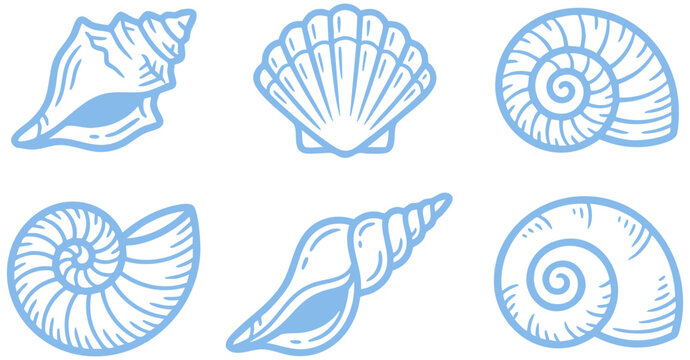 Set of blue vector seashell illustrations featuring various intricate maritime shapes for modern graphic design projects