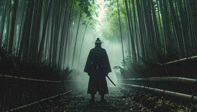Samurai warrior in misty bamboo forest path