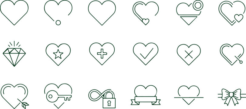 set of simple heart outlines with various designs and elements like hearts diamond star plus check cross key infinity ribbon rose bow leaf and arrow for romantic themed graphic designs.