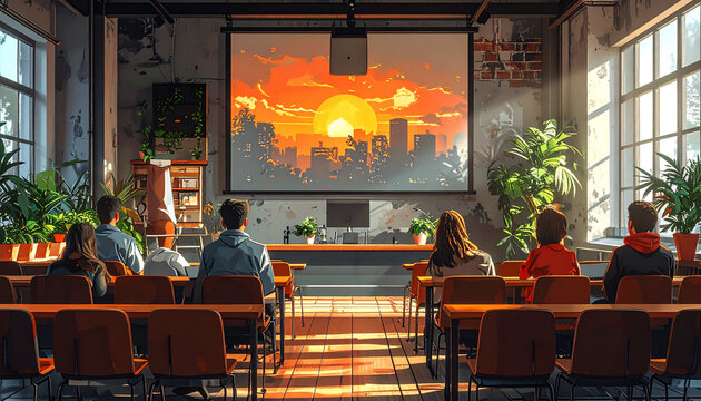 People watching movie on projector screen in modern classroom