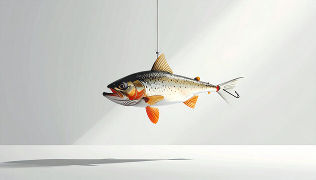 Realistic trout lure hanging against a clean bright background