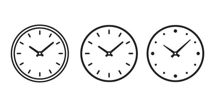 Set of three minimal wall clock icons with simple outline design.