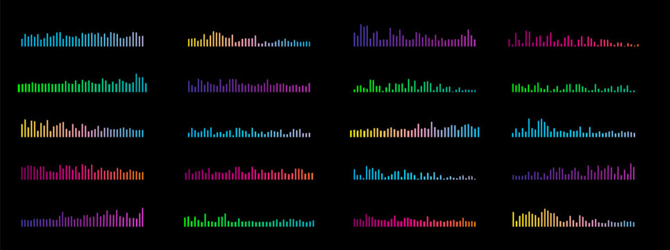 Black volume audio podcast sound waves. Audio sound wave. Waveforms frequency voice microphone signals. Music soundwaves tune equalizer vector set 
