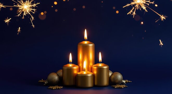 Eleganti candele dorate accese brillano su uno sfondo blu notte arricchito da scintille magiche, luci sfocate e decorazioni natalizie, scintille, ornamenti, accogliente
