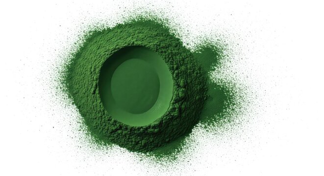 Fine organic green spirulina powder scattered on a bright white background. A healthy superfood supplement known for its nutritional value, ingredient, healthy, energy