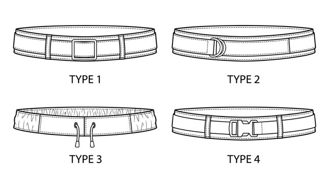 types of trouser waistband and belt closures flat sketch vector illustration technical cad drawing template