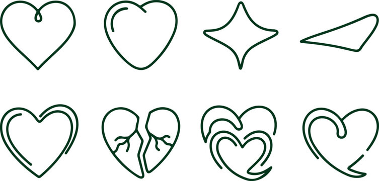 Minimalist collection of stylized heart shapes including abstract forms broken hearts and decorative elements on transparent background.