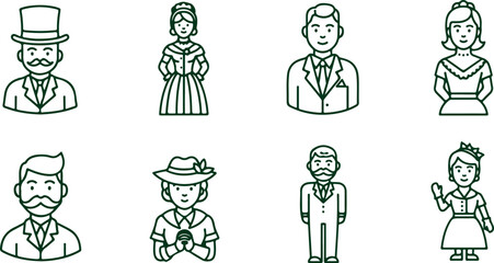 Naklejka premium Vintage characters and historical people men and women in antique clothing and hats like top hats and bonnets representing different eras and styles.
