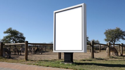 Fototapeta premium Blank billboard advertising space in an outdoor zoo or safari park with zebras and acacia trees