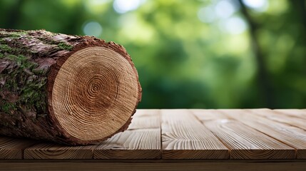Obraz premium Close-up of a freshly cut wooden log with visible rings resting on a rustic wooden table with a blurred forest background